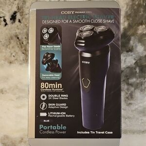 Coby Promax Rechargeable Tri-Head Electric Shaver. Black w/travel tin. NEW.